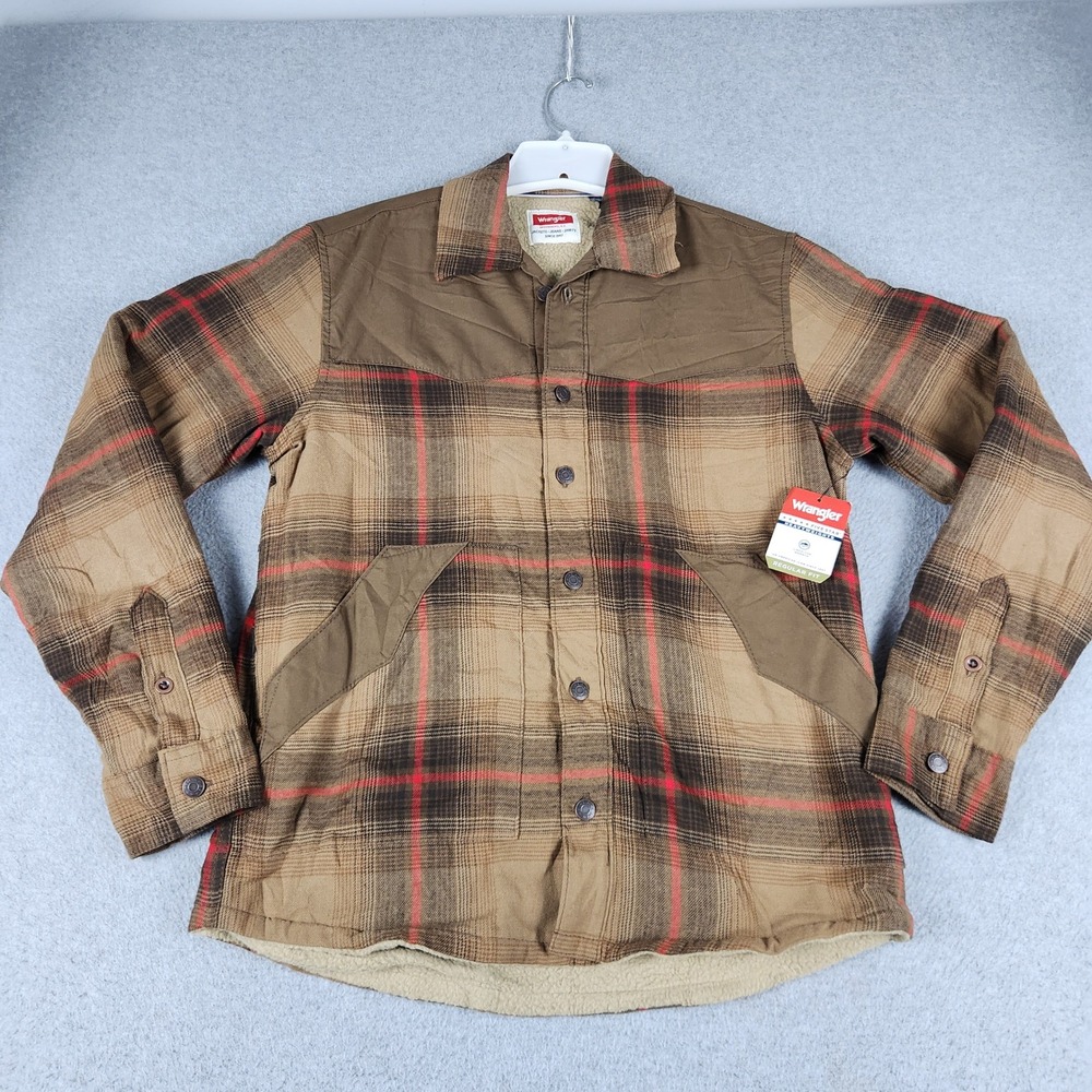 Wrangler Shirt Jacket Men's S Brown Red Plaid Sherpa Lined Heavyweight Button Up